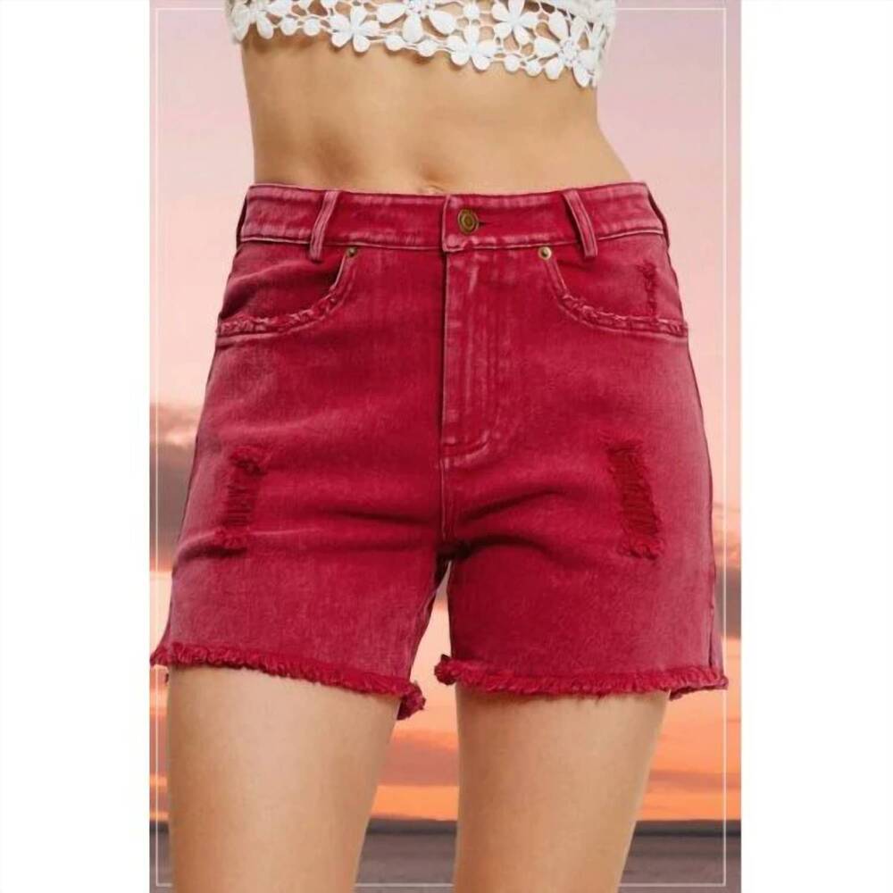 NEW LA MIEL mineral wash denim shorts in cherry bomb